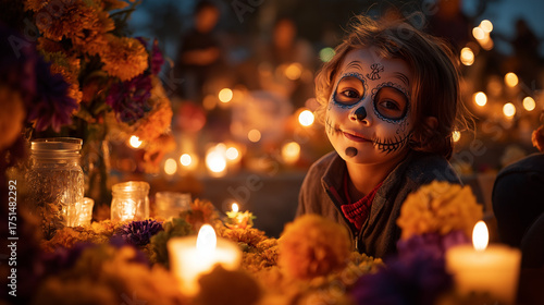Day of the dead celebration: child with sugar skull face paint surrounded by candles