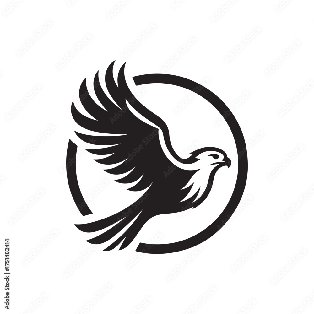 Fototapeta premium Black silhouette of a soaring eagle within a circular emblem