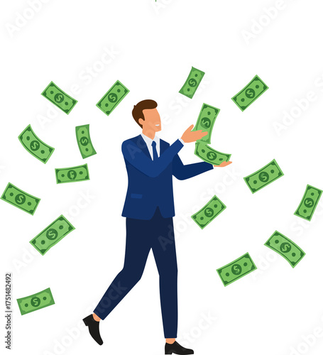 Businessman surrounded by flying money bills symbolizing wealth and success