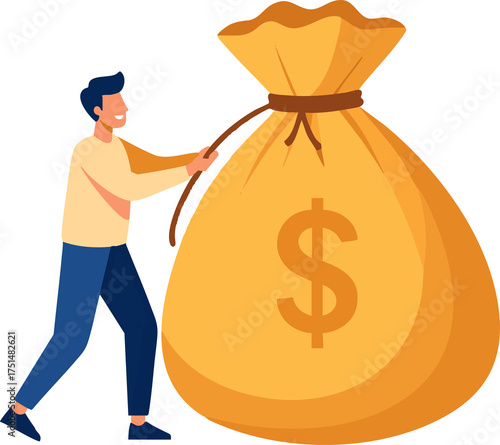Man pulling giant money bag representing earnings, success, and wealth