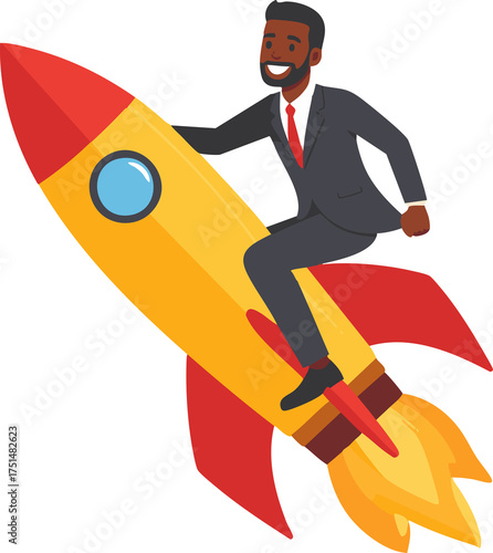 Businessman riding rocket symbolizing fast financial growth and ambition