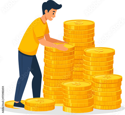 Man stacking gold coins symbolizing savings, investment, and wealth