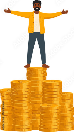 Man standing on coin stacks representing wealth, success, and financial power