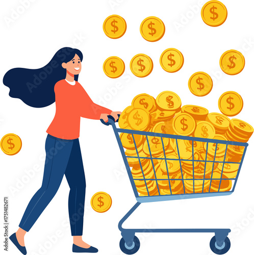 Woman pushing shopping cart filled with coins representing financial abundance