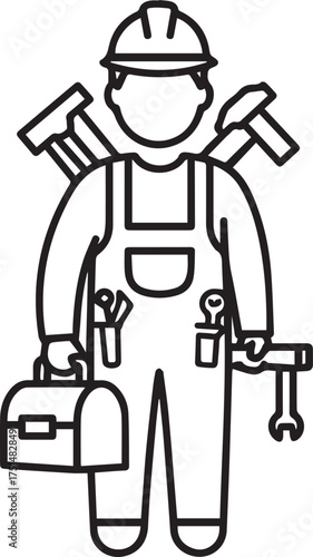 Professional handyman ready for any repair job, line art illustration showcasing skilled tradesman with tools, perfect for home service ads and DIY projects.