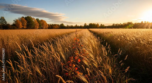 Golden wheat field at sunset with a path leading through it and trees in the background, creating a sense of abundance and tranquility in nature