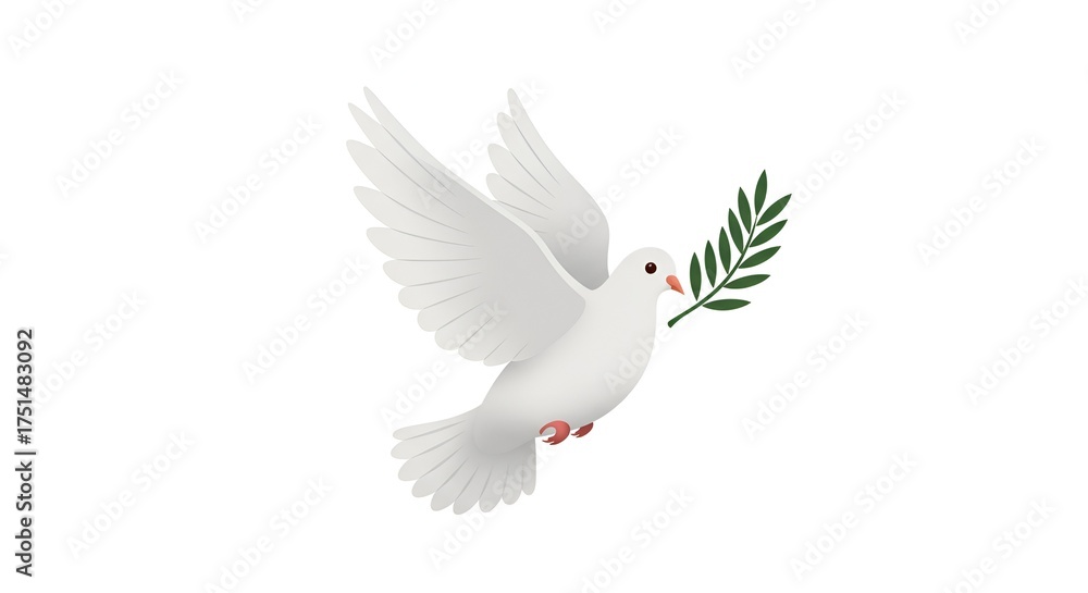 Obraz premium A serene white dove carries an olive branch, symbolizing peace in a flat design style.
