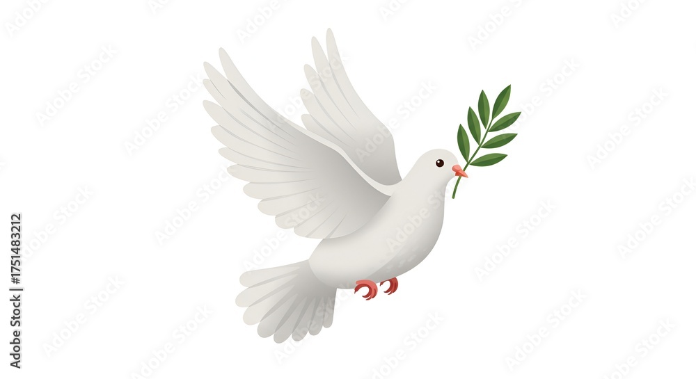 Obraz premium Serene white dove gracefully flies carrying an olive branch in its beak, a symbol of hope.