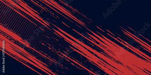 Red grunge glitch distorted grunge on black background. Red and black halftone dot pattern.