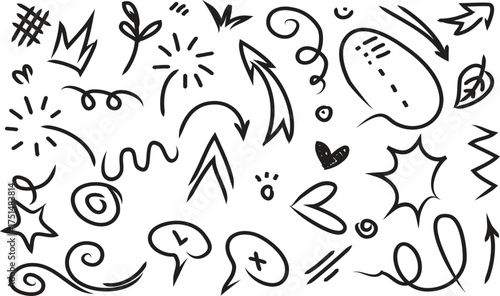 Dynamic collection of hand-drawn doodle graphic design elements, including expressive sketch arrows, shining stars, charming hearts, and various thought bubble for creative projects