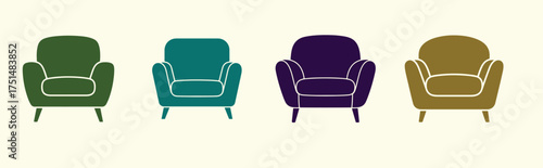 Icon of a soft armchair featuring a backrest and legs. Presented from the front view. A simple flat graphic illustration in vector format. An isolateIllustrator Artwork