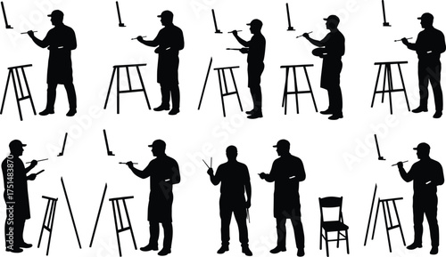 Silhouettes of artists painting on easels, creative painters working in art studio, drawing and sketching with brushes, artistic illustration concept