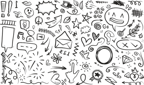 Doodle Set Hand-Drawn Arrows, Stars, Speech Bubbles, and Decorative Elements for Creative Designs