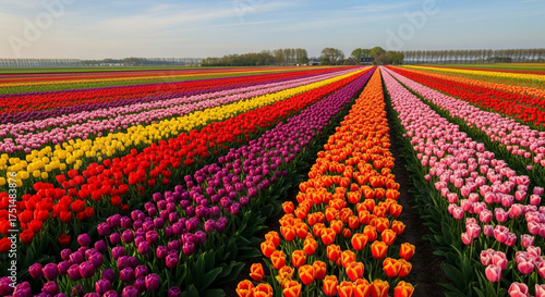 Vibrant tulip field stretching to the horizon, showcasing rows of red, orange, yellow, pink, and purple flowers under a clear sky, a colorful spring landscape