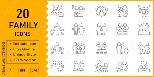 Family icon set in line vector style with modern minimal design showing love, parents, children, togetherness, home, relationship, parenting, happiness, and family care concepts