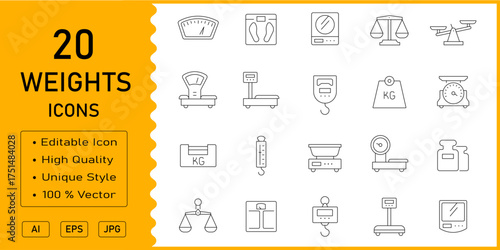Weight icon set in line vector style with modern minimal design showing fitness, health, scale, gym, balance, diet, measurement, exercise, and body management concepts