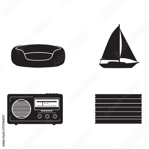 Variety of Silhouette Images featuring a Dog Bed a Sailboat an Old Radio and a Stack of Wood