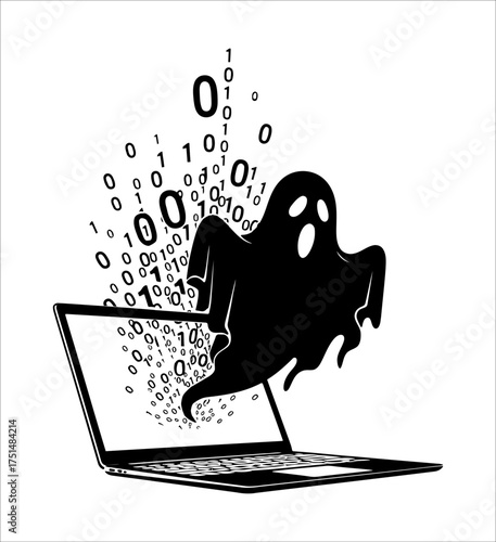 Digital ghost emerging from laptop for Halloween, spooky binary tech horror concept