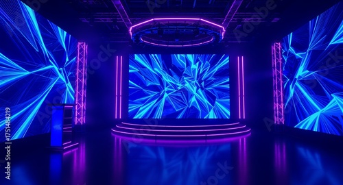 High-Tech Virtual Event Stage with Dynamic Blue Geometric Patterns on Large LED Walls and Glowing Pink Neon Accents, Ready for Modern Presentations, Broadcasts, and Corporate Conferences