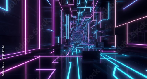 Immersive Digital Cybernetic Tunnel with Glowing Neon Light Pathways. Abstract Futuristic Background Representing High-Speed Data Flow, Virtual Reality, AI, and Advanced Network Connections, Perf