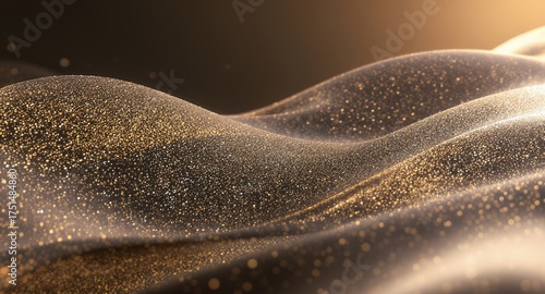 Luxurious Golden Glitter Waves on a Dark Wavy Background. Abstract Shimmering Particles with Elegant Bokeh Light and Fluid Movement. Glamorous Festive Design for Premium Product Branding and Cele