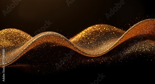 Luxurious Golden Glitter Waves Flowing Abstractly on a Dark Black Background, Shimmering Sparkling Gold Dust Particles Creating an Elegant Dynamic Design Element for Festive, Celebration, and Pre