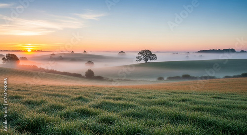 A serene sunrise over a misty countryside landscape, with a lone tree standing out against the horizon, creating a peaceful and picturesque scene at dawn