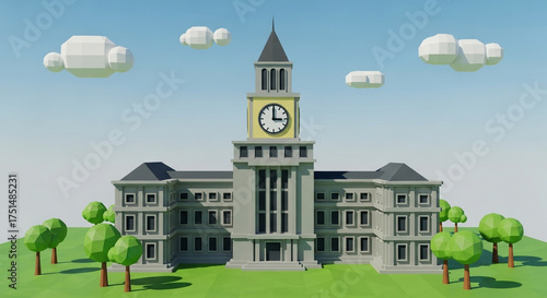 Low poly 3d rendering of a clock tower building with clouds and trees on a sunny day with a blue sky, creating a peaceful scene
