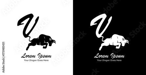 Logo design of a jumping bull with its tail forming a V shape