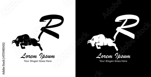 Logo design of a jumping bull with its tail forming the letter R
