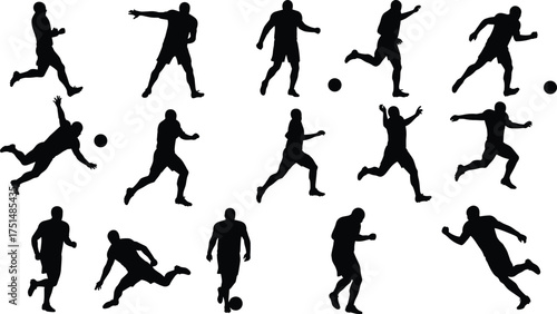 Silhouettes of soccer players in motion, running, kicking, dribbling, performing football actions, energy, teamwork, athletic movement, outdoor sports, training scene