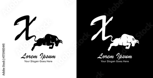 Logo design of a jumping bull with its tail forming the letter X