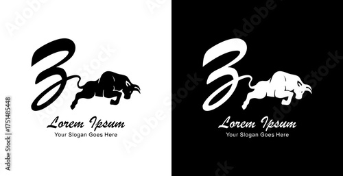 Logo design of a jumping bull with a tail forming the letter Z