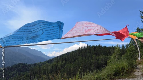 Video of Religious tibetan buddhist prayer flags in Altai mountains.
