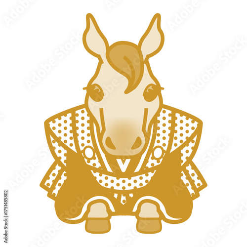 午年　年賀素材　袴を着た馬のキャラクター　モノトーン