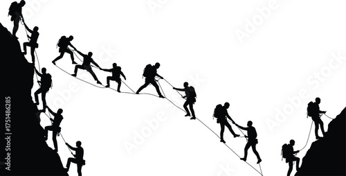 Teamwork, adventure, mountain climbing, group of climbers helping each other, outdoor challenge, success, unity, hiking teamwork, exploration, perseverance, motivation