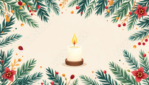 Festive Candle with Holiday Decorations and Pine A