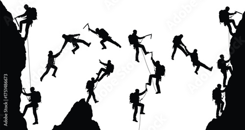 Teamwork, mountain climbing, adventure group using ice axes, outdoor challenge, unity, cooperation, perseverance, leadership, motivation, success, exploration, teamwork achievement, hiking support
