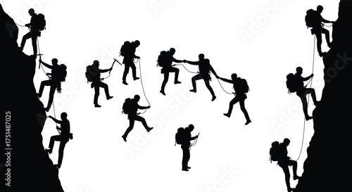 Teamwork, mountain climbing, group of climbers helping each other, adventure challenge, outdoor exploration, success, unity, cooperation, perseverance, leadership, motivation