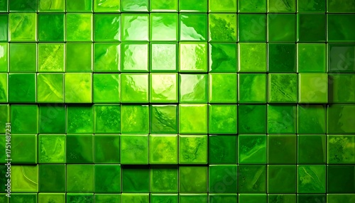 Close-up view of a textured wall constructed of glossy green squares