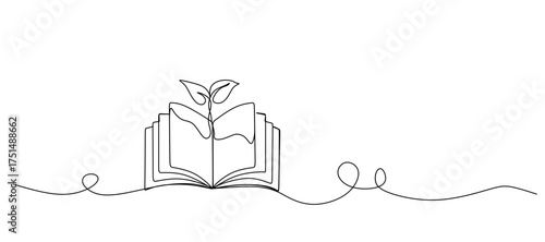 Opened book with sprout plant in one continuous line drawing . Education study and knowledge concept in simple linear style. Growing wisdom in editable stroke