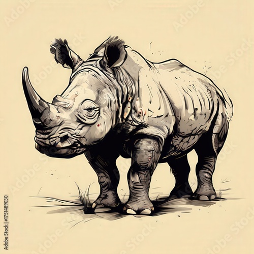 an AI Image Generator, Detailed Illustration of a White Rhinoceros Against