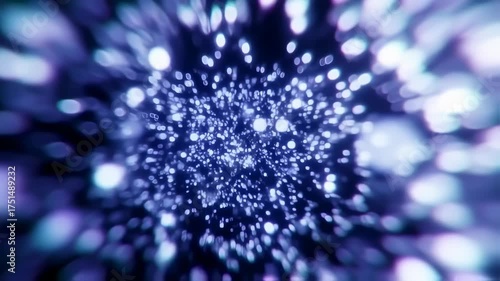 Abstract Blue and White Particles Bursting and Expanding in a Dynamic Light Tunnel.