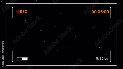 Retro VHS Camcorder Viewfinder Recording Overlay. Vintage 90s screen look, dust, grain, static, and glitch effect loop. Alpha channel compatible.