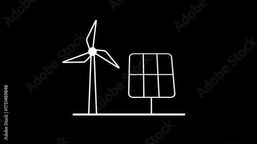 Renewable Energy Line Animation with Windmill and Solar Panel. Black Line Energy Icons Animation, Sustainability Concept. Clean Energy Motion Graphic with Wind Turbine and Solar Panel.