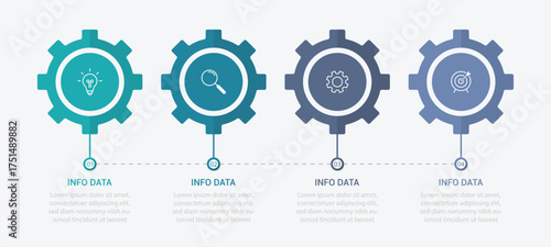 infographic 4 point stage template with gear shape on half circle direction for slide presentation vector