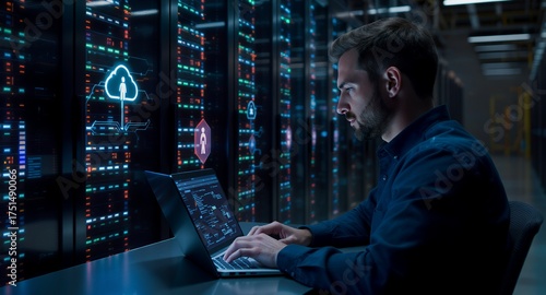 A focused IT professional operates a laptop in a modern server room, surrounded by glowing data racks with integrated digital displays showcasing cloud computing, network activity, and cybersecur