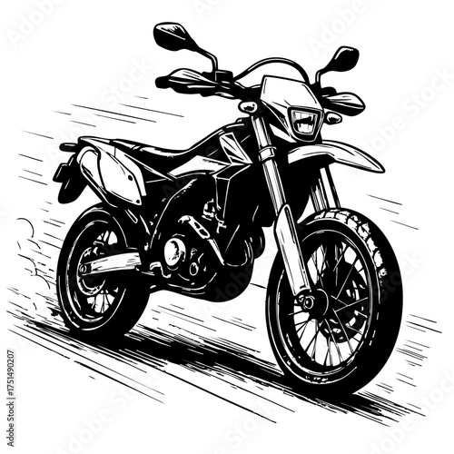 Monochrome drawing of a supermoto racing on a street circuit