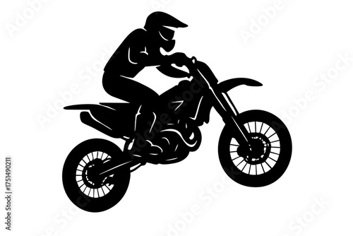 Silhouette-style black and white supermoto jumping mid-air, high contrast