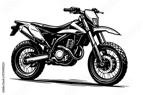 Black and white side view of a supermoto with detailed tires, suspension, and bodywork